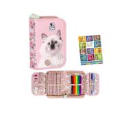 Goldkids - Trousse à 1 compartiment, trousse pour filles et garçons, trousse à 1 compartiment, trousse d'écolier remplie - Trousse scolaire et cahier de devoirs - Motif chat