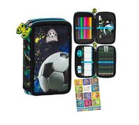 Goldkids - Trousse à 2 compartiments - Trousse pour filles et garçons - Trousse à 2 compartiments - Trousse d'écolier remplie - Trousse d'écolier et cahier de devoirs - Motif football
