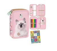 Goldkids - Trousse à 2 compartiments - Trousse pour filles et garçons - Trousse à 2 compartiments - Trousse d'écolier remplie - Trousse d'écolier et cahier de devoirs - Motif chat