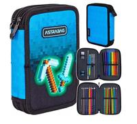Goldkids - Trousse à 2 compartiments - Trousse pour filles et garçons - Trousse à crayons à 2 compartiments - Trousse remplie - Trousse d'écolier et cahier de devoirs, Blue Pixel, 2-fähig, Trousse à