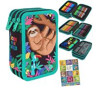 Goldkids Trousse à 3 compartiments - Motif paresseux - Trousse remplie de 46 pièces - Stylos et pinceaux - Cahier de devoirs - Trousse d'écolier - Trousse d'école - Pour filles et garçons,