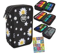 Goldkids - Trousse à 3 compartiments - Trousse pour fille - Trousse à 3 compartiments - Trousse à crayons remplie - Trousse d'écolier et cahier de devoirs - Motif marguerites, noir/blanc, 3-fähig,