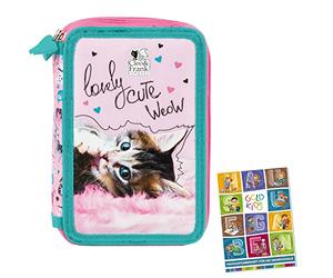 Goldkids - Trousse à 3 compartiments - Trousse pour fille - Trousse à 3 compartiments - Trousse d'écolier remplie et carnet de devoirs - Motif chat, Imprimé 5, 20 x 12,5 x 6,5 cm, Trousse à crayons