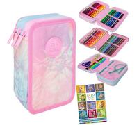 Goldkids - Trousse à 3 compartiments - Trousse pour fille - Trousse à 3 compartiments - Trousse remplie - Trousse d'écolier et cahier de devoirs - Rose bleu clair, Rose/bleu, 3-fähig, Trousse à