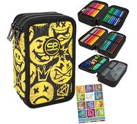 Goldkids - Trousse à 3 compartiments - Trousse pour filles et garçons - Trousse à 3 compartiments - Trousse d'écolier et cahier de devoirs - Motif Be Happy, Noir/jaune/bleu nuit, 3-fähig, Trousse à