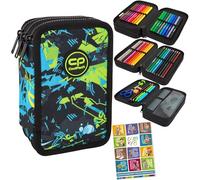 Goldkids - Trousse à 3 compartiments - Trousse pour filles et garçons - Trousse à 3 compartiments - Trousse d'écolier et cahier de devoirs - Motif Escape, noir, vert, bleu, 3-fähig, Trousse à crayons