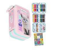 Goldkids - Trousse à 3 compartiments - Trousse pour filles et garçons - Trousse à 3 compartiments - Trousse remplie - Trousse d'écolier et cahier de devoirs, Chat 2, 3-fähig, Trousse à crayons