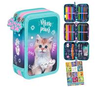 Goldkids - Trousse à 3 compartiments - Trousse pour filles et garçons - Trousse à 3 compartiments - Trousse remplie - Trousse d'écolier et cahier de devoirs, Chat 3, 3-fähig, Trousse à crayons
