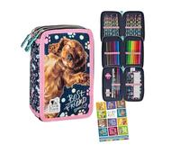 Goldkids - Trousse à 3 compartiments - Trousse pour filles et garçons - Trousse à 3 compartiments - Trousse d'écolier remplie - Trousse d'écolier et cahier de devoirs - Motif chien
