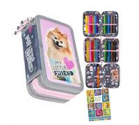 Goldkids - Trousse à 3 compartiments - Trousse pour filles et garçons - Trousse à 3 compartiments - Trousse remplie - Trousse d'écolier et cahier de devoirs, Chien 3, 3-fähig, Trousse à crayons