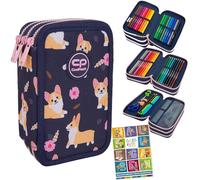 Goldkids - Trousse à 3 compartiments - Trousse pour filles et garçons - Trousse à 3 compartiments - Trousse d'écolier remplie - Trousse d'écolier et cahier de devoirs - Motif chien, bleu foncé, rose,