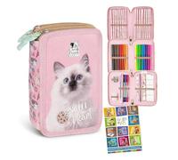Goldkids - Trousse à 3 compartiments - Trousse pour filles et garçons - Trousse à 3 compartiments - Trousse d'écolier remplie - Trousse d'écolier et cahier de devoirs - Motif chat