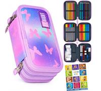 Goldkids - Trousse à 3 compartiments - Trousse pour filles et garçons - Trousse à 3 compartiments - Trousse remplie - Trousse d'écolier et cahier de devoirs, motif papillons, 3-fähig, Trousse à