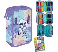 Goldkids - Trousse à 3 compartiments - Trousse pour filles et garçons - Trousse à 3 compartiments - Trousse d'écolier remplie de 46 pièces - Trousse scolaire et cahier de devoirs - Motif Stitch,