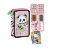 Goldkids - Trousse à 3 compartiments - Trousse pour filles et garçons - Trousse à 3 compartiments - Trousse d'écolier remplie - Trousse d'écolier et cahier de devoirs - Motif panda