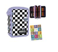 Goldkids - Trousse à 3 compartiments - Trousse pour filles et garçons - Trousse à 3 compartiments - Trousse d'écolier et cahier de devoirs - Motif damier avec motif chauve-souris