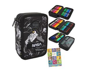 Goldkids - Trousse à 3 compartiments - Trousse pour filles et garçons - Trousse à 3 compartiments - Trousse d'écolier et cahier de devoirs - Motif astronaute de la NASA, noir/gris, 3-fähig, Trousse à