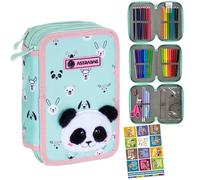 Goldkids - Trousse à 3 compartiments - Trousse pour garçons et filles - Trousse à 3 compartiments - Trousse d'écolier remplie de 46 pièces - Trousse scolaire et cahier de devoirs - Motif panda,