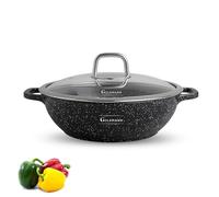 GOLDMANN Poêle de service en fonte d'aluminium - 24 cm (2,5 l) - Revêtement en céramique et marbre - Avec couvercle en verre - Compatible avec les plaques à induction - Noir (24 x 7,5 cm)