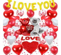 GOLDNICE Kit de décoration de ballons pour la Saint-Valentin - Lot de 20 ballons en aluminium en forme de cœur rouge | I Love You et ballons rouges | 500 faux pétales de rose artificiels, taille M