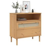 Goldonion Buffet SENJA aspect rotin marron 80 x 40 x 80 cm pin massif | 2 tiroirs, 1 compartiment, polyrotin fait à la main, finition peinture UV, poignées en bois