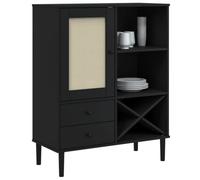 Goldonion Buffet SENJA aspect rotin noir 90 x 40 x 112 cm pin massif | 2 tiroirs, étagères, polyrotin fait à la main, style bohème, poignées en bois