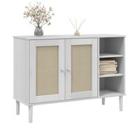 Goldonion Buffet SENJA blanc 112 x 40 x 80 cm en bois massif de pin | 5 compartiments, 2 portes, poignées en bois, polyrotin, pour salon