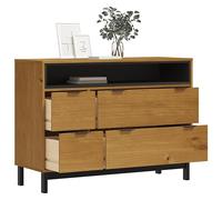 Goldonion Commode FLAM 110 x 40 x 80 cm en bois massif de pin | 4 tiroirs, 1 compartiment ouvert, pieds en bois, finition couleur chêne, facile à nettoyer
