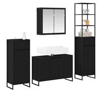 Goldonion Ensemble de meubles de salle de bain chêne noir bois multicouche | Avec 7 portes, 1 tiroir, miroir plat, 15 étagères, acier, nettoyage facile