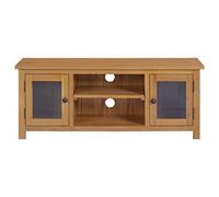Goldonion Meuble TV 110 x 35 x 44 cm en bois massif chêne | Avec portes et étagères, finition naturelle, MDF et verre, pour salon