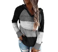 GOLDPKF Sweat a Capuche Femme Mode col v marinière Chic et Elegant léger Manche Longue Tricot Pull Hoodie Sweatshirts Noir M