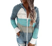 GOLDPKF Sweat zippé Femme a Capuche Vetement Chic Hiver Mode col v marinière Manche Longue Cardigan Pull Hoodie Sweatshirts Bleu XL