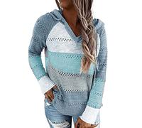 GOLDPKF Sweet Femme Capuche a Carreaux Printemps Mode col v marinière Chic et Elegant léger Manche Longue Pull Hoodie Bleu M