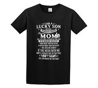 GOLDROAST I Am A Lucky Son Shirt I'm Raised by A Freaking Awesome Mom Unisex 100% Cotton Short-Sleeve T-Shirts Black XXL