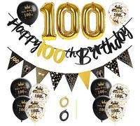 GoldRock Décoration d'anniversaire de 100 ans, noir et doré, décoration pour 100 ans, ballons Happy Birthday, guirlande Happy Birthday, ballon en aluminium chiffre 100, décoration 100 ans