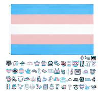 GoldRock Ensemble d'autocollants Trans Pride, Drapeau Trans 150x90 cm + 60 pièces, pack de drapeau Pride Trans, drapeaux LGBT pour intérieur et extérieur, diverses fêtes et vacances, drapeau Gay Pride