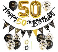 GoldRock Kit de Décoration 50e Anniversaire - Homme Femme Noir Or - Ballons, Guirlande Happy Birthday, Ballon en Aluminium