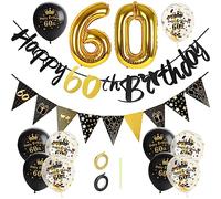 GoldRock Kit de Décoration pour 60e Anniversaire - Homme et Femme - Ballons Dorés et Noirs, Guirlande Happy Birthday, Ballon en Aluminium en Forme