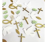 GoldRock Lot de 70 confettis en bois pour baptême - Croix blanche et dorée - Pigeons, poissons, feuilles pour décoration religieuse