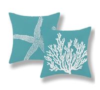 GOLIANDA Lot de 2 housses de coussin côtiers - 40,6 x 40,6 cm - Aqua, Turquoise, Corail, Étoile de mer, Décoration nautique océanique d'été - Lin pour la plage - Housse de coussin pour l'extérieur