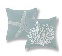 GOLIANDA Lot de 2 housses de coussin côtiers 50,8 x 50,8 cm - Étoiles de mer bleues et corail - Décoration nautique d'été en lin pour la plage - Housse de coussin pour extérieur, décoration de style
