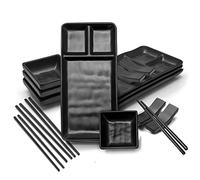 Goliber Vaisselle japonaise en mélamine pour sushi (16 pcs) - 4 assiettes (19 x 14 cm), 4 paires de baguettes, 4 bases de baguettes, 4 bols à sauce - Accessoires japonais (Noir)