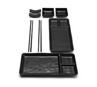 Goliber Vaisselle japonaise en mélamine pour sushi (8 pcs) - 2 assiettes (19 x 14 cm), 2 paires de baguettes, 2 bases de baguettes, 2 bols à sauce - Accessoires japonais (Noir)
