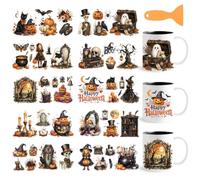 GOMAKERER 10 feuille de Protection UV DTF pour Gobelets Thème Halloween Autocollants Sorcière D'Automne Imperméables à Appliquer Par Frottement Réutilisables en Vinyle pour Décorer Verres et Meubles