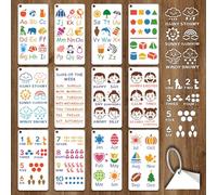 GOMAKERER 12 feuille Pochoir Éducatif pour Peinture, Pochoir Réutilisable Alphabet ABC Chiffres Météo Mois Dessin Pochoir Phonétique Bohème pour Peindre Sur Bois Meubles Toiles et Décoration