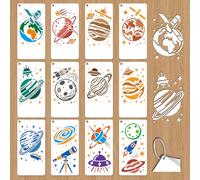 GOMAKERER 12 feuille Pochoir Rétro Planète pour Peinture, Pochoir Réutilisable Thème de L'Astronomie Représentant une Fusée et Télescope pour Peindre Sur Bois Meubles Toiles et Décoration Intérieure