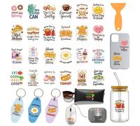 GOMAKERER 120pcs Autocollant Porte Clés Alimentaire, 10 feuille D'Autocollants de Transfert UV DTF Amusants Motivants Imperméables Appliquer Par Frottement pour Porte Clés Cartes Carnets Meubles