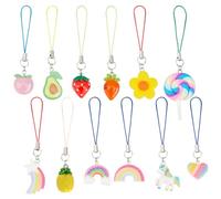 GOMAKERER 12pcs breloque de Téléphone Sur le Thème des Fruits, Mignonne sangle de téléphone portable en résine Arc-en-Ciel Breloques de Téléphone en Polyester pour Porte-Clés Accessoires de Décoration