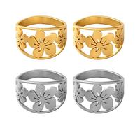 GOMAKERER 4pcs Bague Bohème Creuse à Fleurs, 2 couleurs Bagues Épaisses et Délicates 16.5mm Empilables en Acier Inoxydable Alliances pour Femmes Créations Artisanales Cadeaux de Mariage