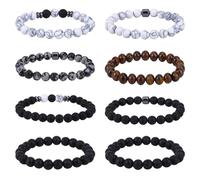 GOMAKERER 8pcs Bracelet Œil de Tigre, Bracelets en Pierre Naturelle Bracelet Élastique en Perles Noires Bracelets en Roche Volcanique et Dolomite pour Hommes et Femmes